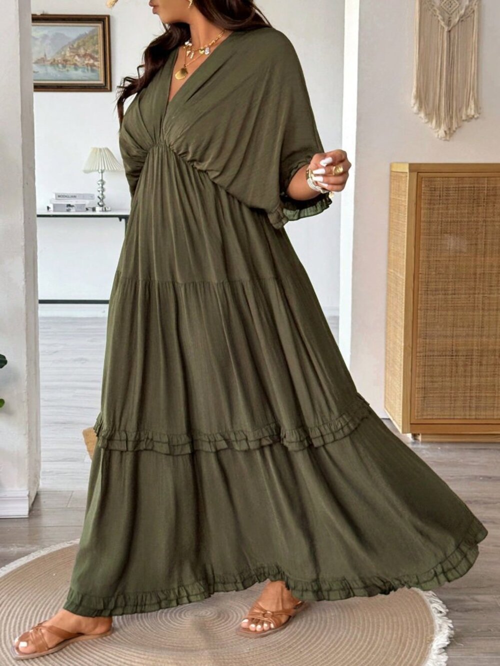 Army Green Casual Women's Plus Size Boho Ruffle V-Neck Maxi Dress - Picture 3 of 7